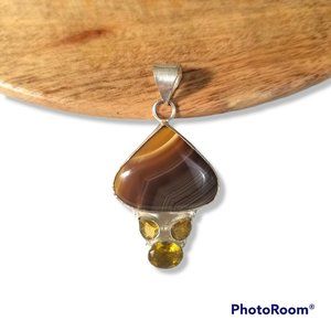 Tiger Eye Pendant With Citrine Rose Quartz Crystals In Sterling Silver
